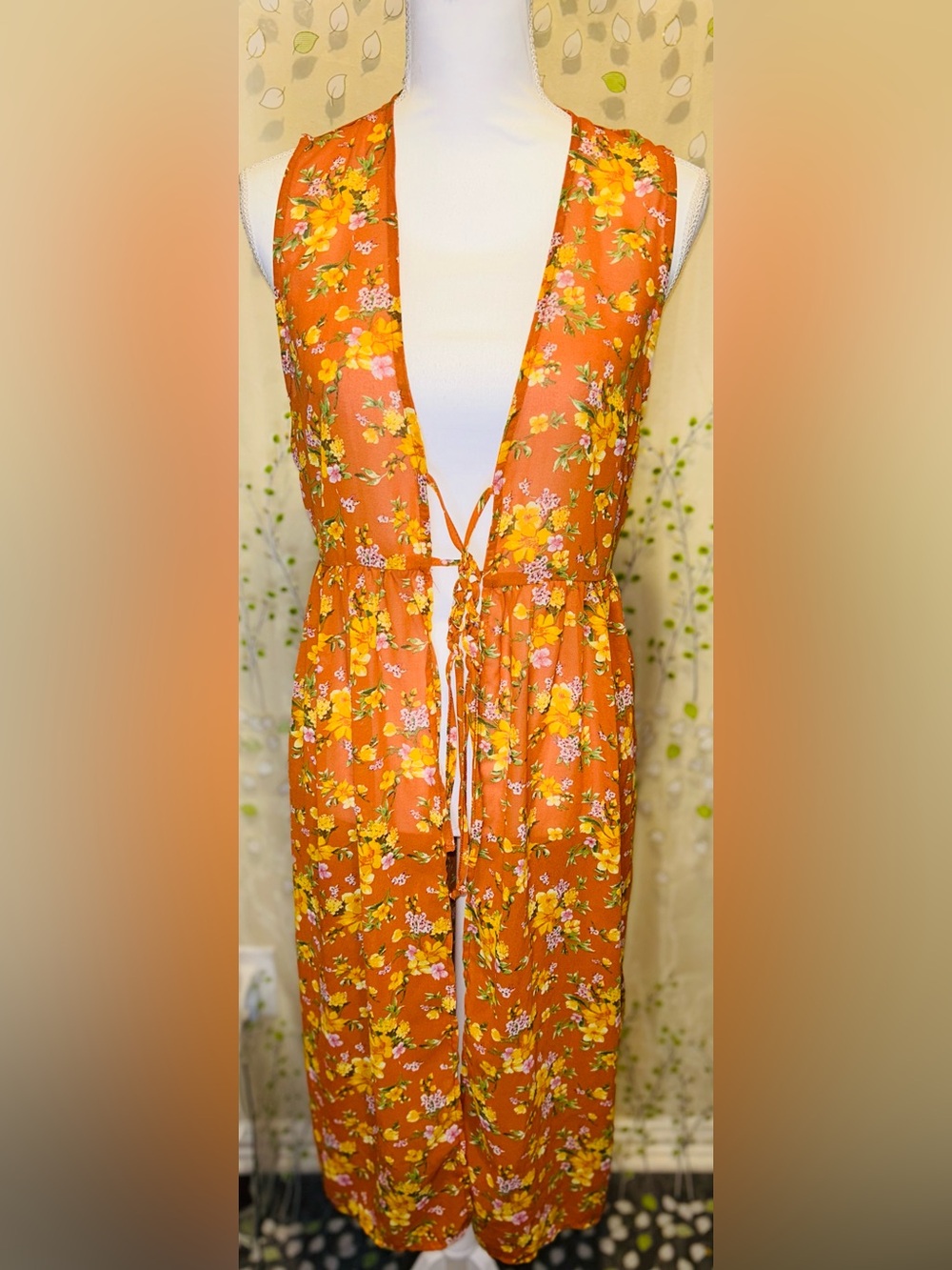 IRIS Los Angeles Floral Maxi Vest Duster Medium Rust Orange Sheer Kimono Cardi